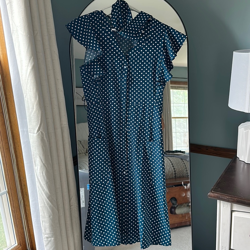 Aquamarine Polka Dot Button Down Dress with Matching Tie Belt